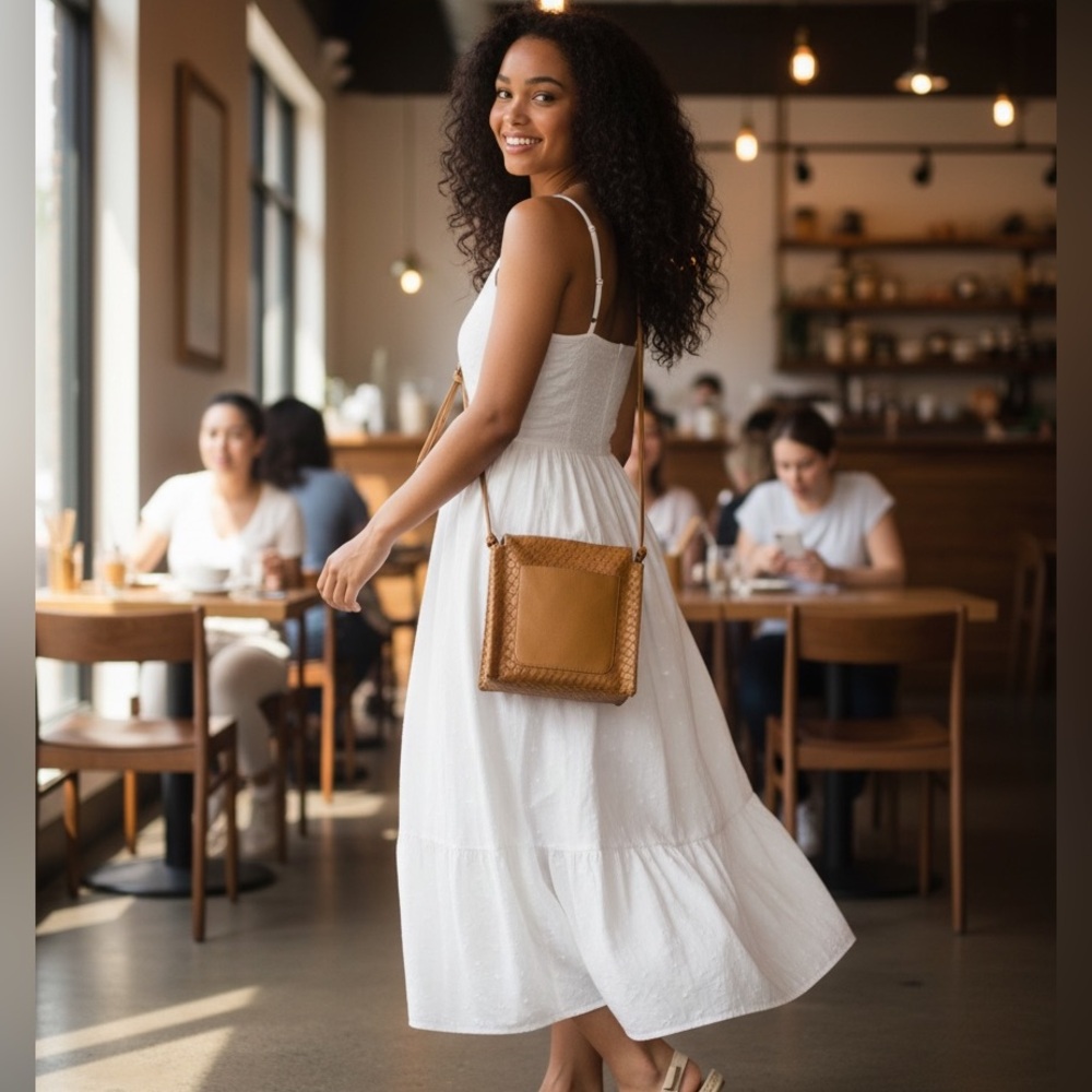 Sondra Robert’s woven leather crossbody bag with 2 front flaps and back pocket - Picture 2 of 4